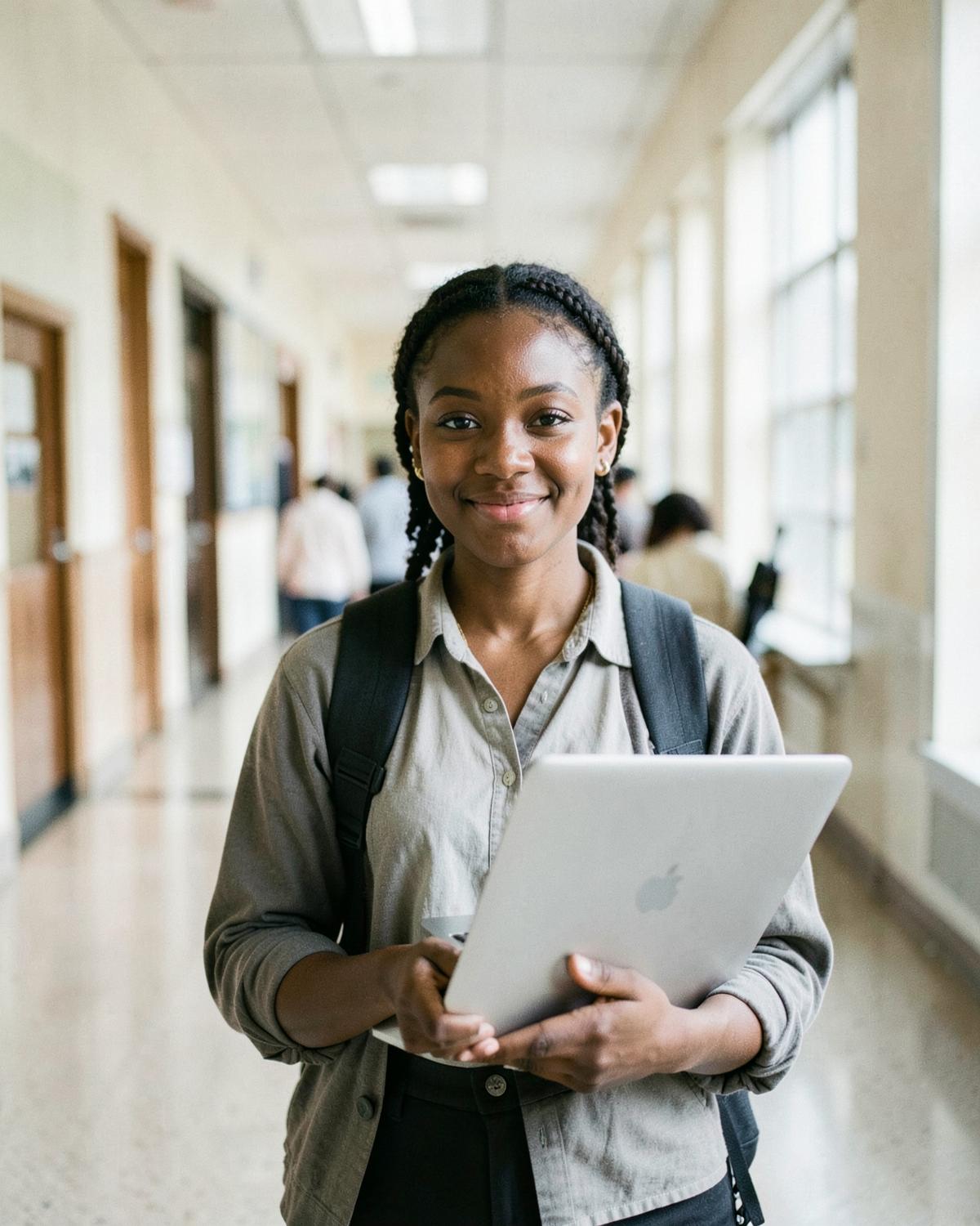 A scholarship supported student holding her laptop